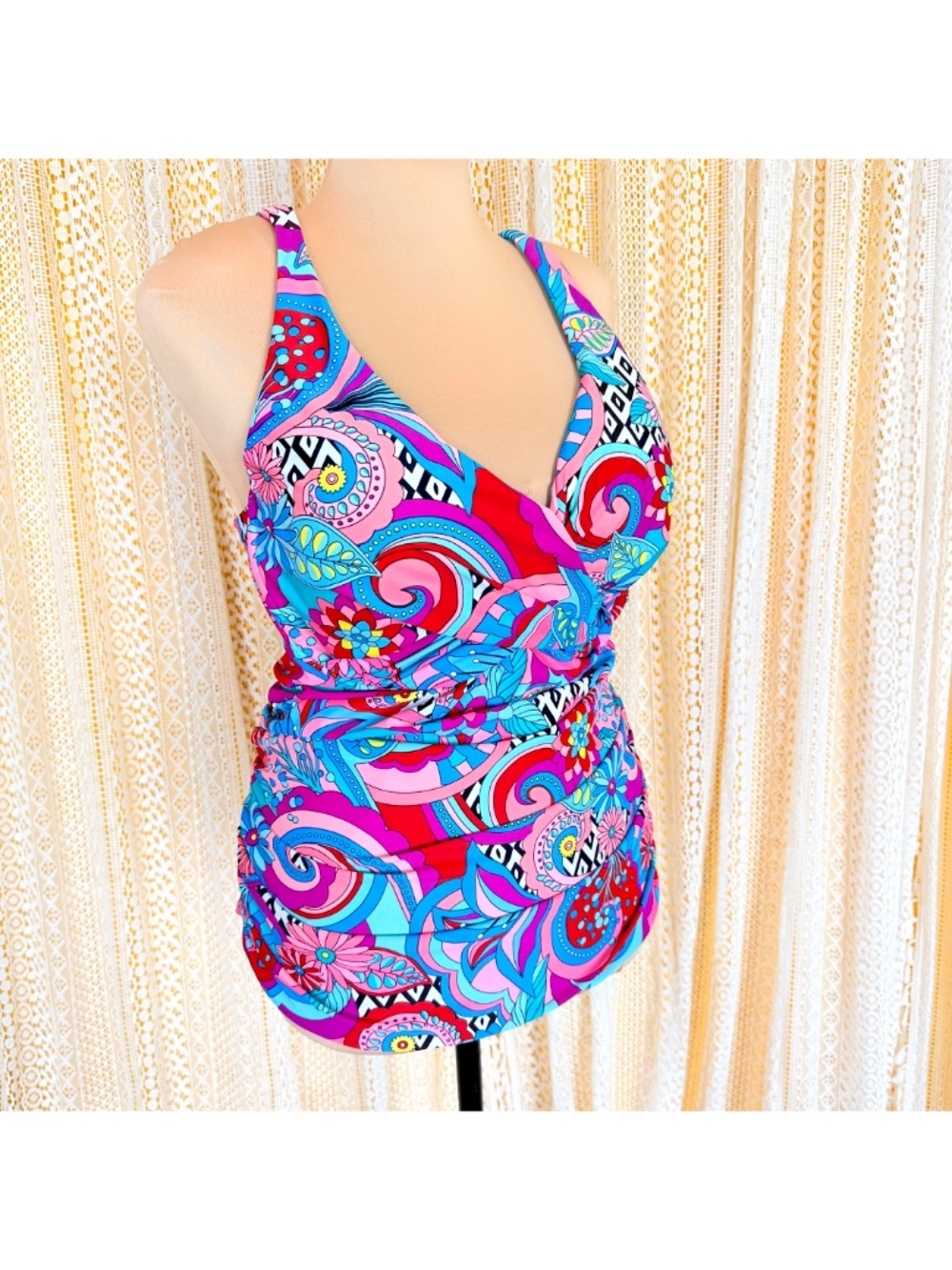 Catalina Slimming Retro Paisley Ruched Underwire Tankini Swimsuit Top Sz 2X